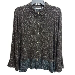 Habitat Dotted Black Blue Tiered Ruffle Button Up Top L Flowy Feminine